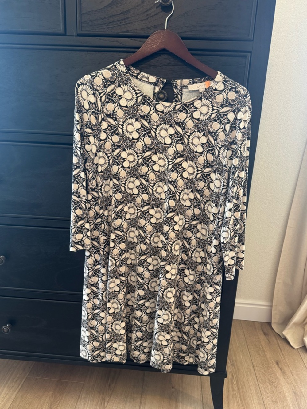 LOFT Black and Cream  Floral Long-Sleeve Dress